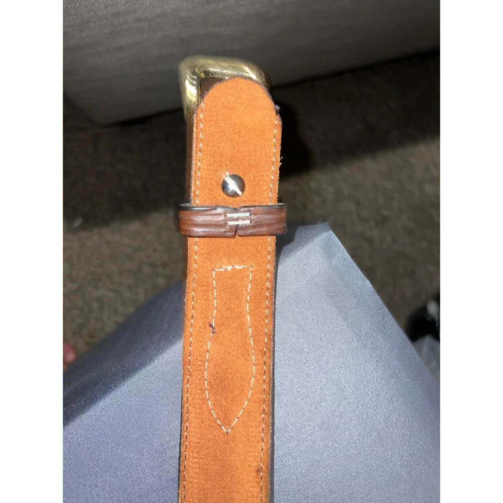 Mens Brown Leather Belt Size 42 Stitched Brass Buckle Classic Western Style 47in